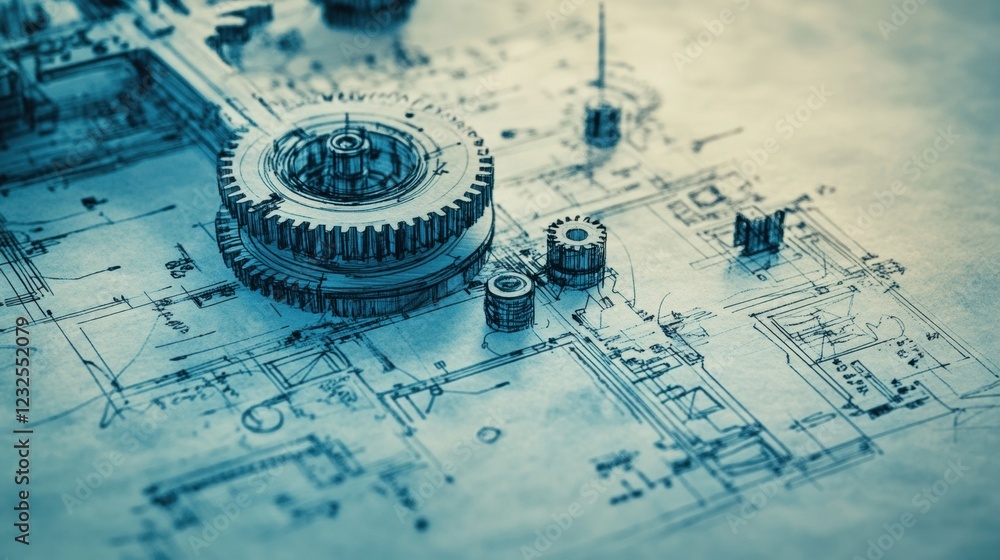 Aufkleber detailed blueprints of a mechanical design showcasing gears and components on aged paper from an eng