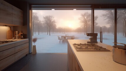 A Spacious Modern Kitchen with Stunning Panoramic Views