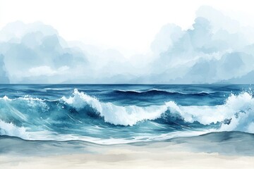 Fototapeta premium Waves crash against the shore under a cloudy sky during early morning hours in a coastal setting