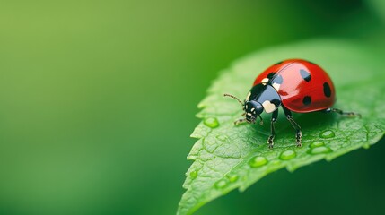A ladybug on a dewy leaf in a vibrant green garden. Nature's vibrant colors and details are captured in this stunning close-up shot.