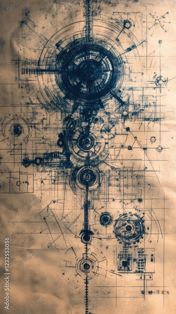 Poster abstract technical drawing showcasing intricate geometric designs on textured paper in a vintage sty