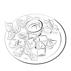 Line drawing. Line art of food - plate with different cheese pieces, greens and sauce.