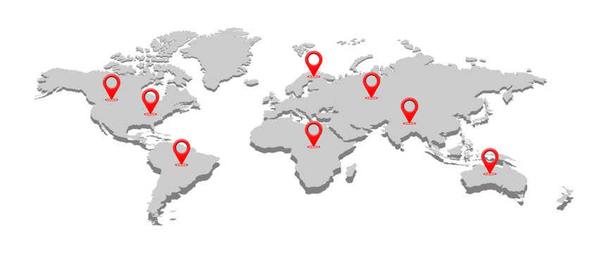 world map with pin location vector illustration isolated on white background.