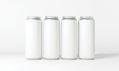Four blank beverage cans in row on white background, ideal for branding or mockup designs