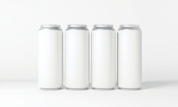 Four blank beverage cans in row on white background, ideal for branding or mockup designs
