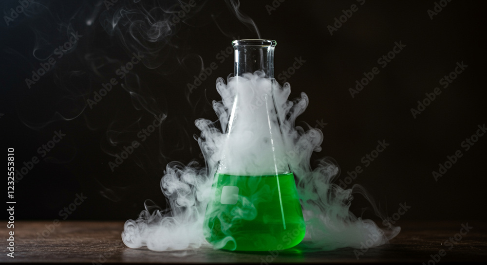 Poster laboratory flask with green liquid is smoking. laboratory experiment with green liquid in a flask