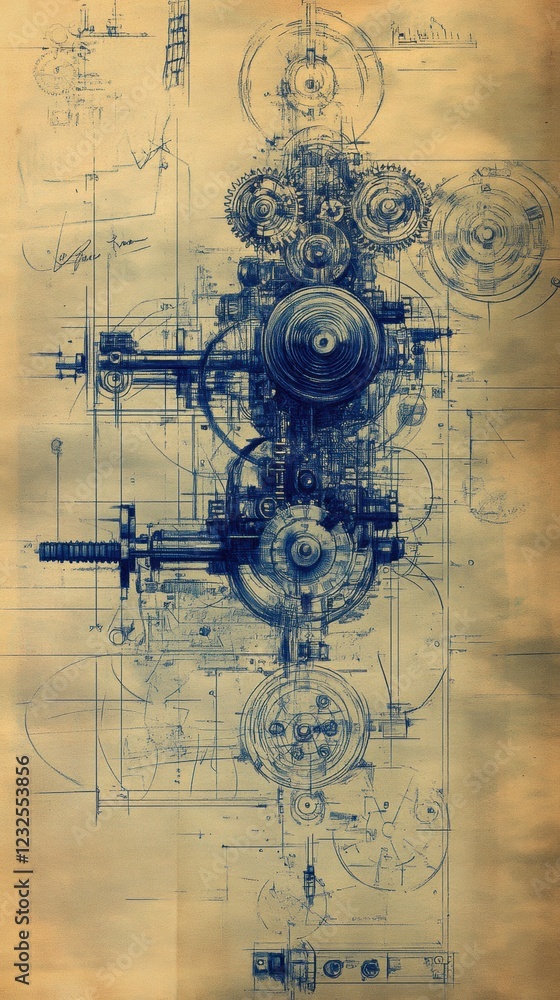 Poster intricate blueprint design showcasing gears and mechanisms in a vintage style. generative ai
