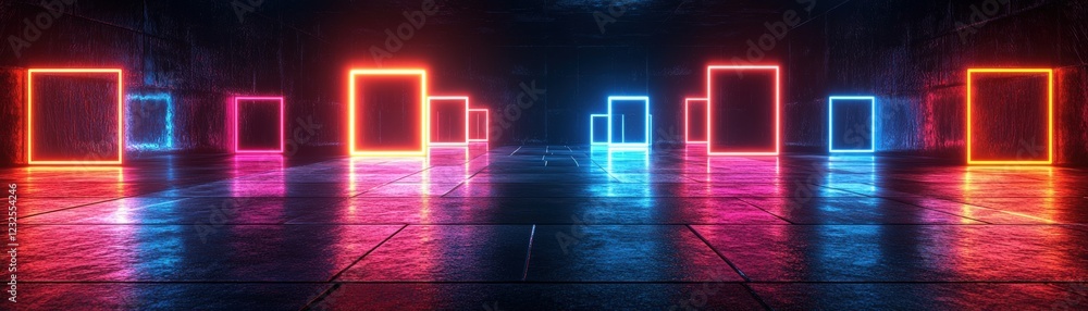 Poster room interior illuminated with multiple colored lights creating a vibrant atmosphere in modern desig