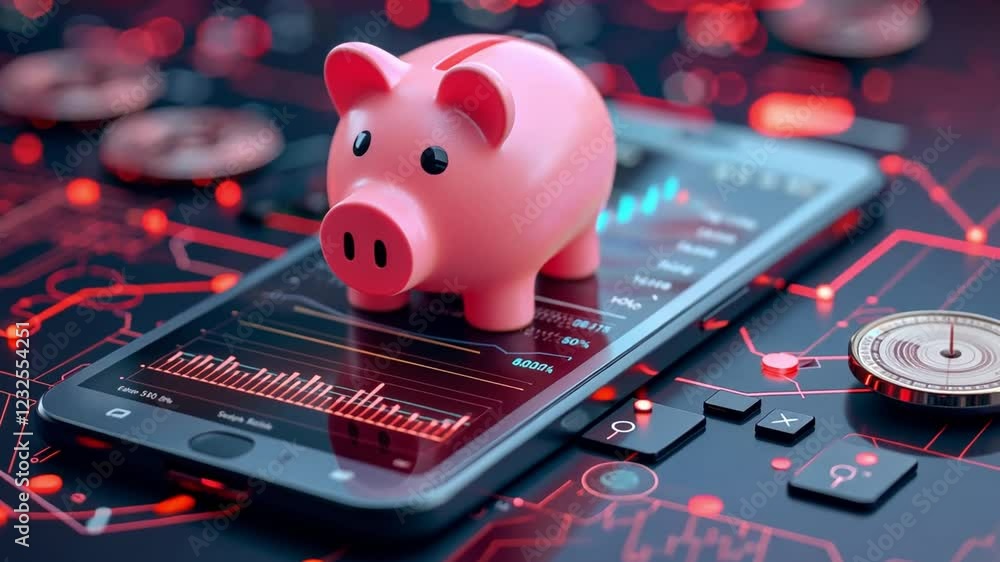Poster exploring the intersection of finance and technology with a piggy bank on a smartphone screen