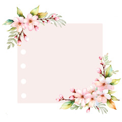 Fototapeta premium Watercolor pastel pink cherry blossom frame ,paper note isolated on white background 