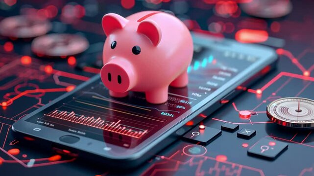 Exploring the intersection of finance and technology with a piggy bank on a smartphone screen