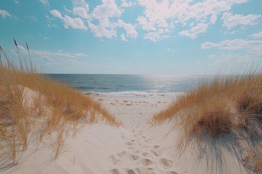Tranquil beach pathway leads to sparkling ocean under a clear blue sky with wispy clouds