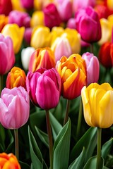 A vibrant display of colorful tulips in bloom, showcasing various shades of pink, yellow, and orange against lush green leaves.