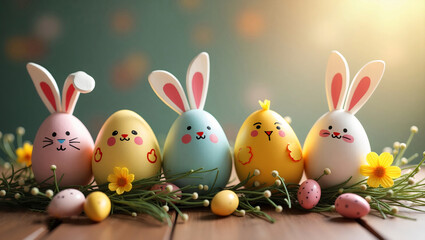 Obraz premium a composition of Easter eggs painted to look like little bunnies and chicks with a few sprigs of greenery and flowers around them