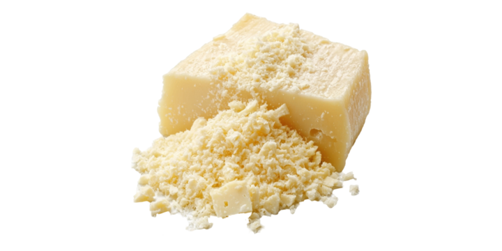 Block of grated parmesan cheese isolated on transparent background