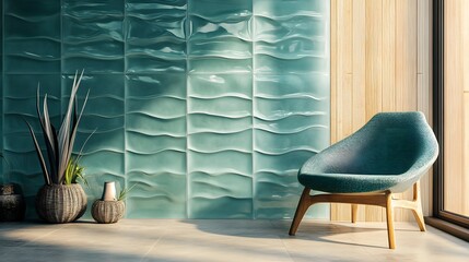 Wavy-textured ceramic wall tiles in an ocean blue color, with a chair

