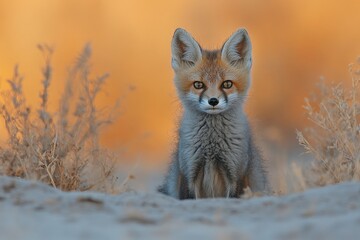 Young fox stands alert in a sandy landscape as the sun sets, highlighting its features and surroundings with a warm glow