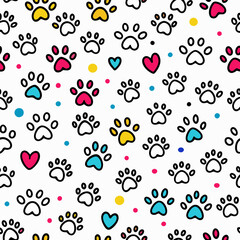 Colorful paw print heart pattern; seamless design, textile print