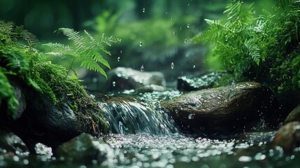 Tranquil Forest Stream with Ferns and Gentle Water Drops