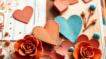 Colorful hearts and flowers in DIY scrapbook, creative mood, Valentine's Day theme