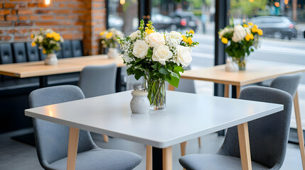 Cafe interior, flower centerpiece, tables, city view
