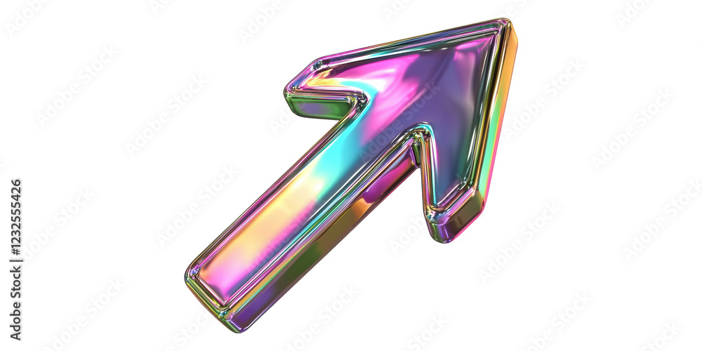 Poster iridescent 3d arrow pointing upwards isolated on transparent background