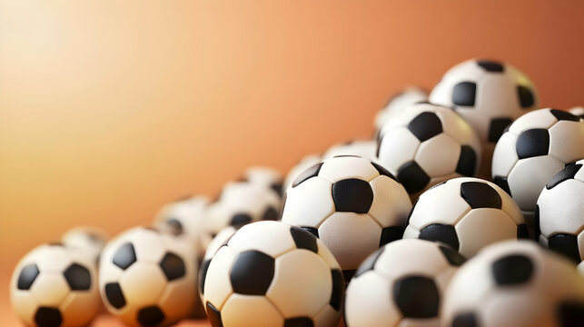 Soccer balls pile, orange background, sports event
