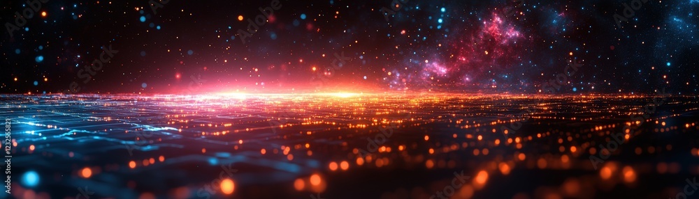 Poster computer screen displaying colorful light effects in a dark environment for artistic background desi