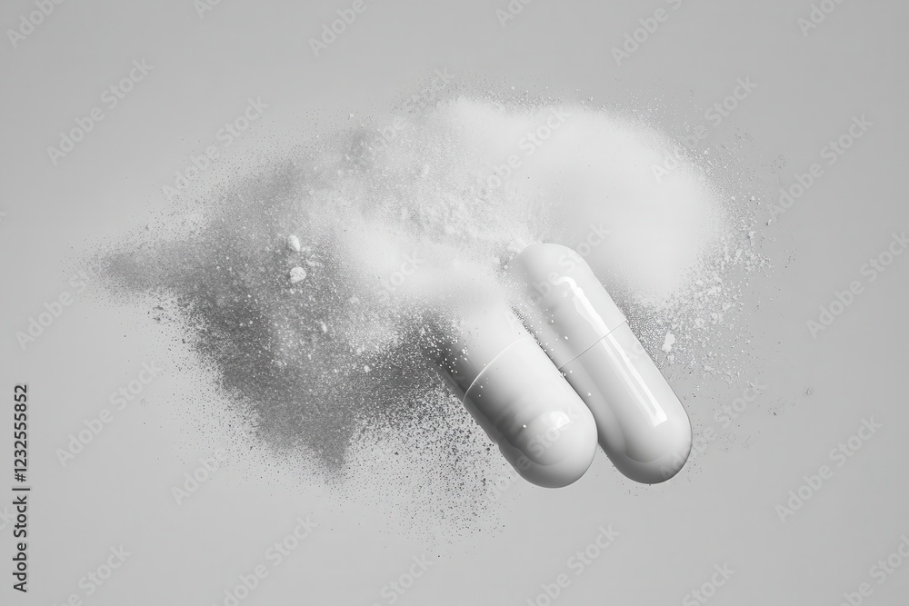 Poster white capsules burst open releasing powder on a gray background creating a striking visual impact of