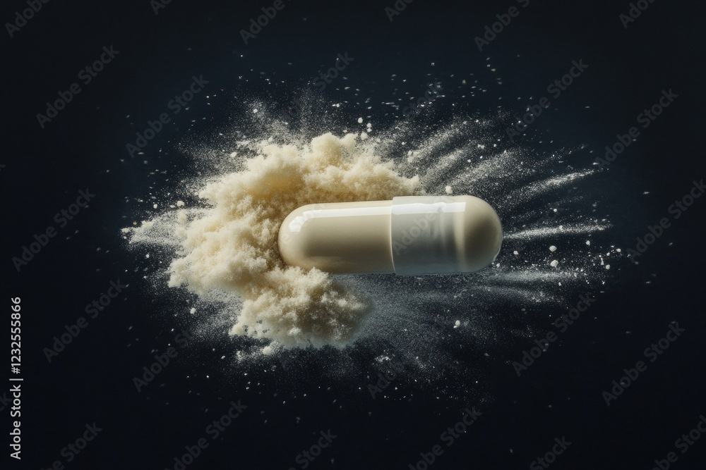 Poster pill capsule erupts with powdered contents creating a striking visual effect against a dark backdrop