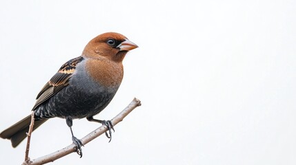 Chestnut-breasted Finch perched on branch, white background, nature photography, wildlife