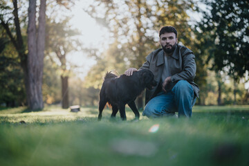 A man kneels beside his dog in a serene park setting, surrounded by lush greenery and soft...