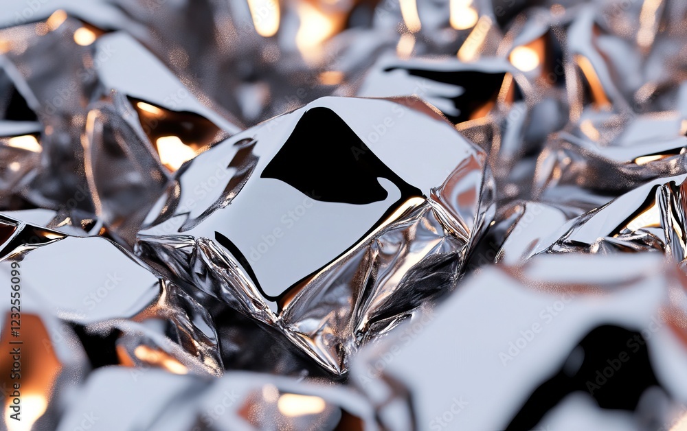 Poster a close-up view of shiny, crumpled metallic foil, reflecting light and creating a textured, abstract