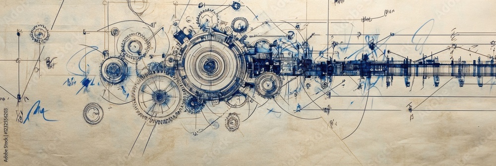 Poster blueprint of intricate mechanical design featuring gears and diagrams in soft blue tones. generative