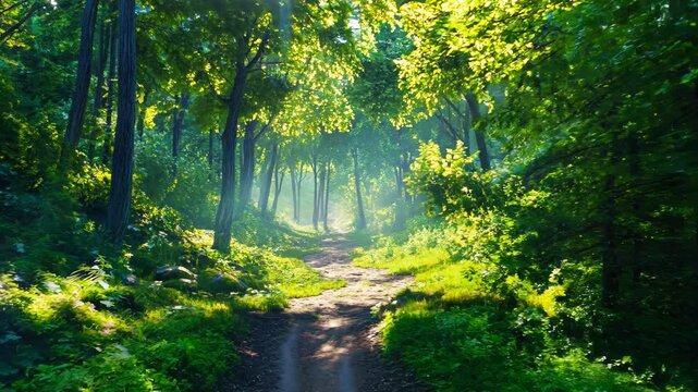 Tranquil Green Trail Beneath a Sunlit Canopy - made with Generative AI