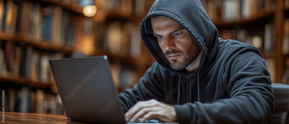 Aufkleber man in a hoodie focused on using a laptop at a desk in a modern workspace environment
