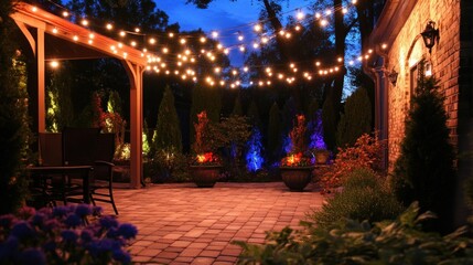 Obraz premium Serene Evening: Illuminated Patio and Garden