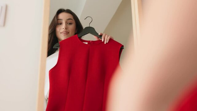 A stylish woman smiling as she tries on a vibrant red dress, reflected in a bedroom mirror. Concept of fashion and self-care.