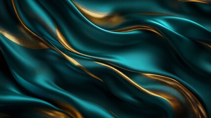 Fototapeta premium Teal and gold silk drapes elegantly swirl creating rich luxurious texture. AI Generated