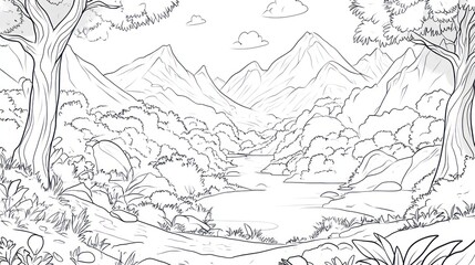 Fototapeta premium Serene mountain river valley landscape, peaceful nature scene, coloring book page