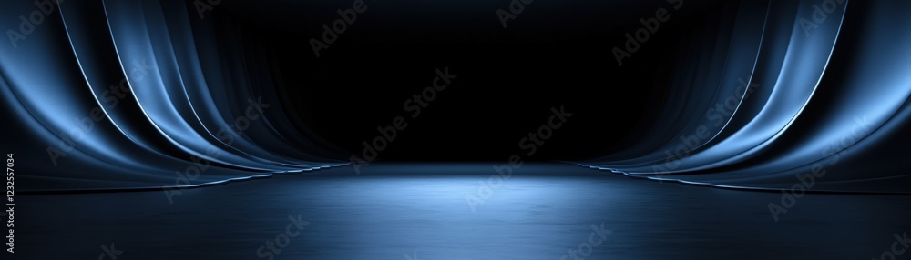 Poster dark room with curtain and soft light illuminating the space and creating shadows on the wall