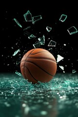 Obraz premium A basketball shatters glass as it strikes the ground, capturing a dynamic moment of energy and impact against a dark backdrop.
