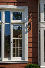 Charming Red House Exterior with White Trimmed Windows, Captivating Architectural Details, and Sunlit Facade