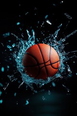 Dynamic basketball splashing through glass indoor court action shot dark background close-up sports energy