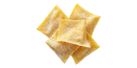Square cheese-filled ravioli pasta isolated on transparent background