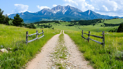 Mountain view, dirt road, green fields, summer