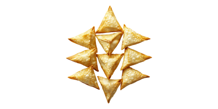 Golden fried samosas arranged in geometric pattern isolated on transparent background