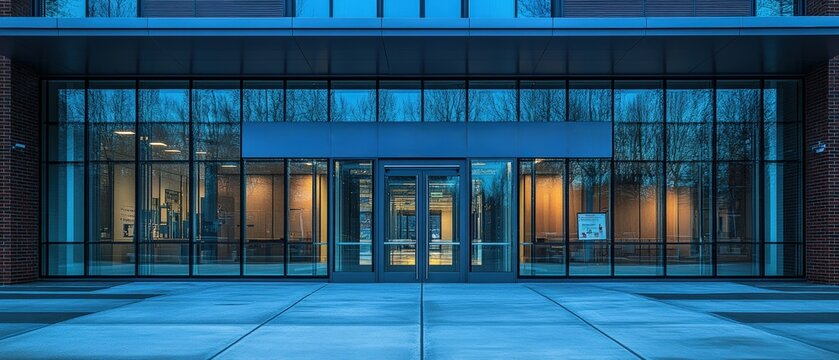 Modern building exterior with glass door and large clock on the facade in urban setting during daylight