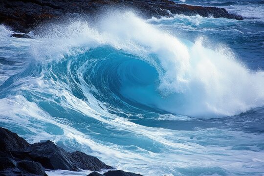 A swirling ocean wave crashing against rocks, capturing the fluidity and movement of the sea