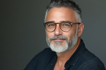 Fototapeta premium Mature man with glasses and a beard poses confidently against a neutral background in a portrait style